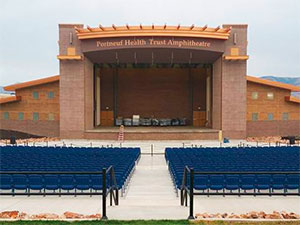 Exterior photograph of the Portneuf Health Trust Amphitheatre in Pocatello, Idaho